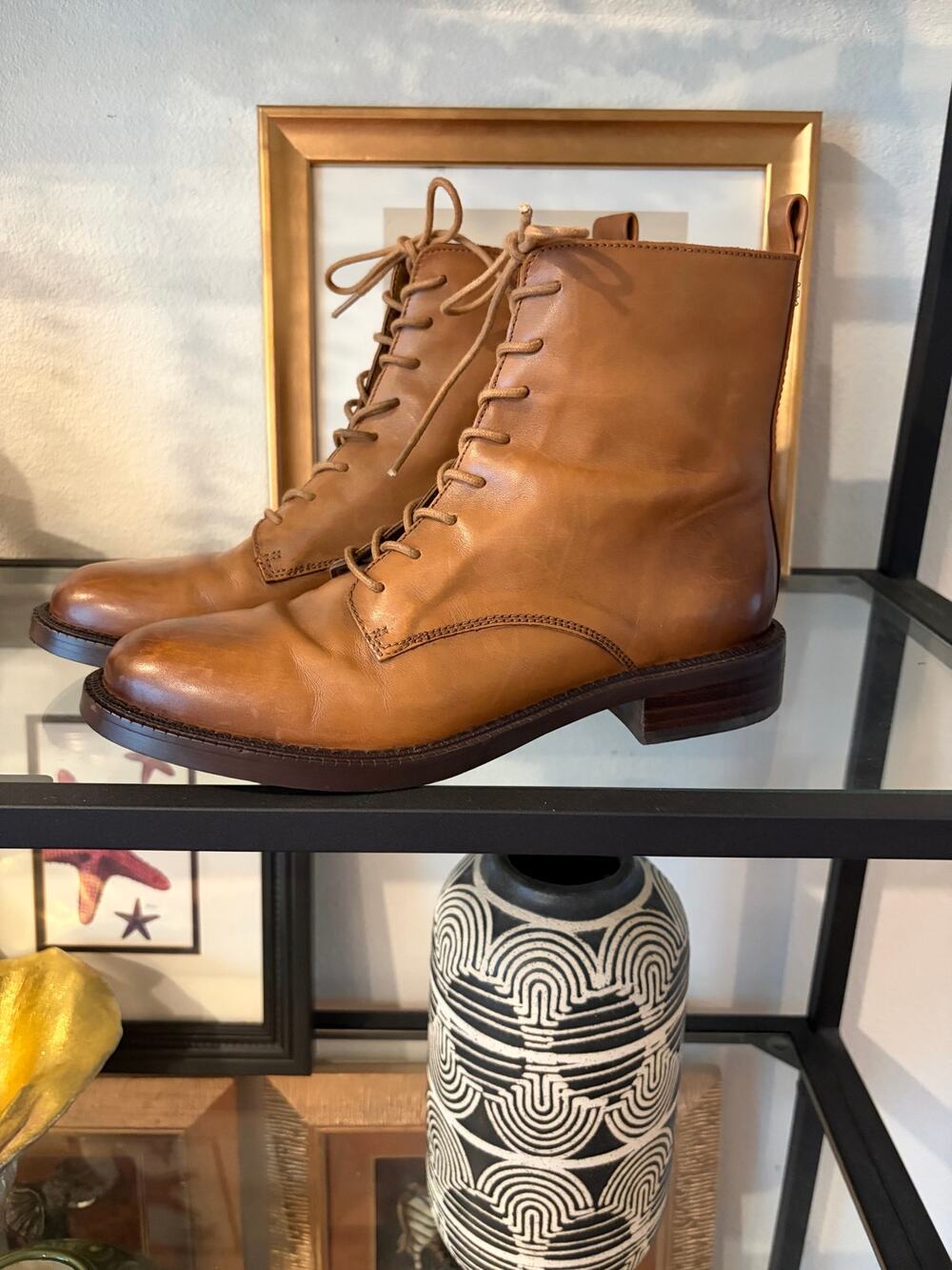 Sam Edelman Nina Boots Womens 7 Tan Leather Lace Up Side Zip Combat Ankle